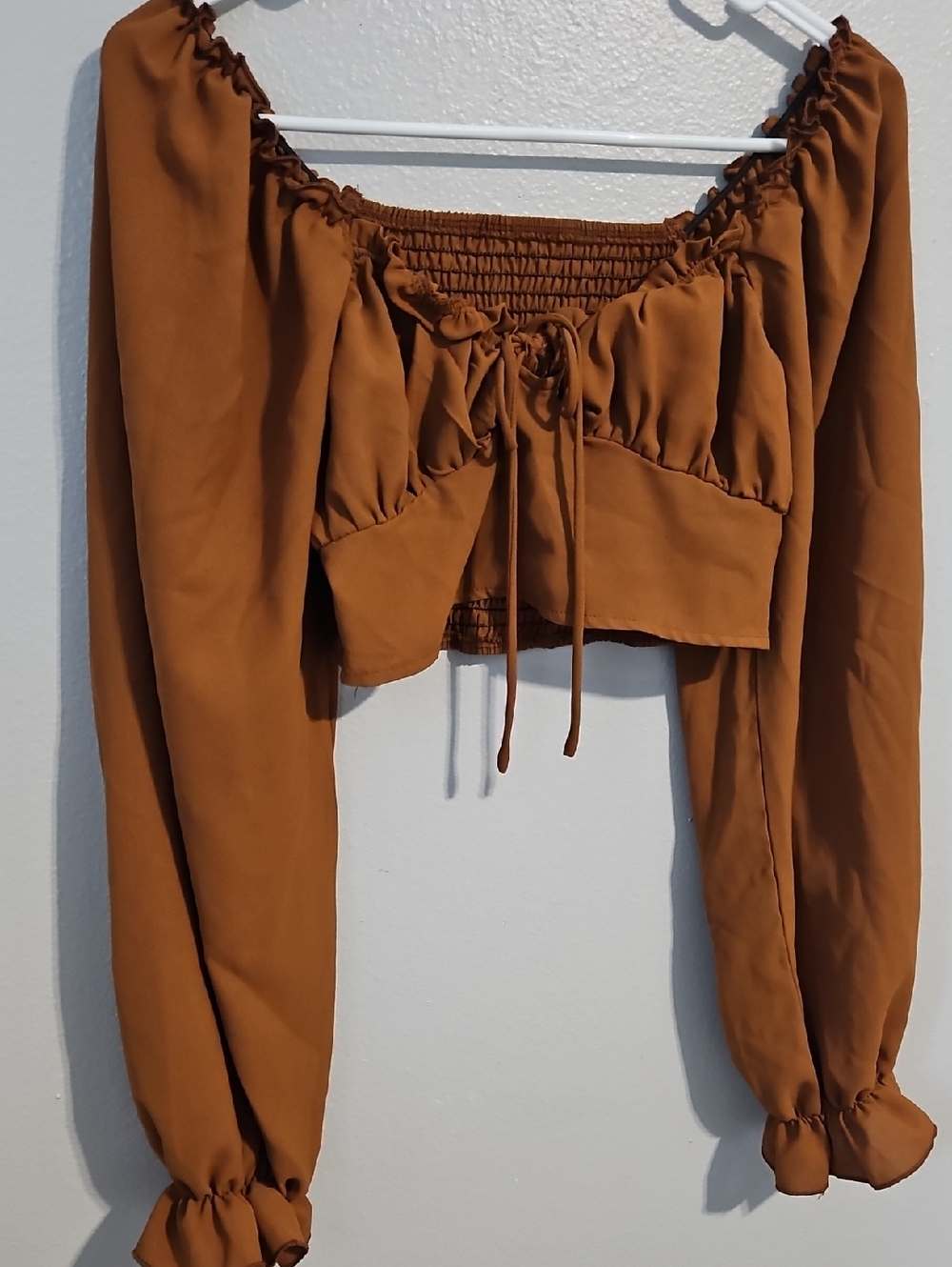 Rust Brown Smocked Long Sleeve Crop Top
